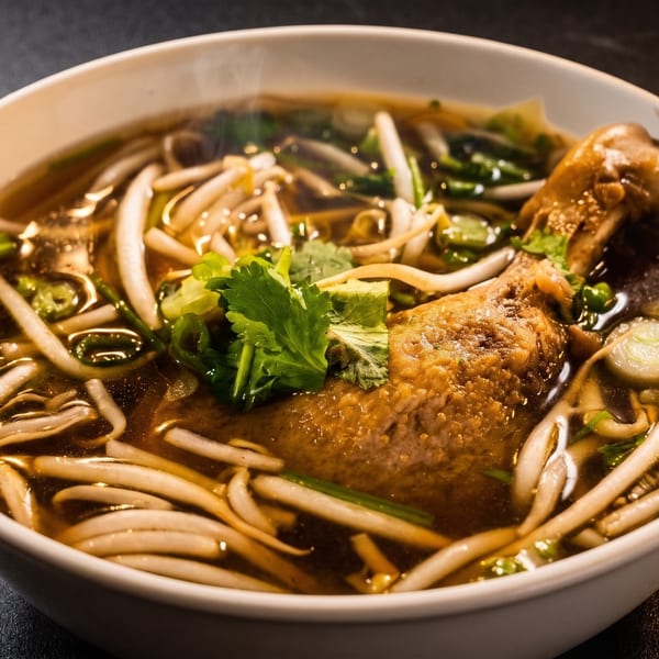 Steaming bowl of pho with chicken, bean sprouts, and fresh herbs in a rich broth.