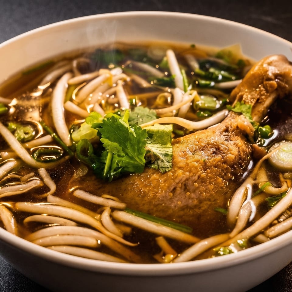 Steaming bowl of pho with chicken, bean sprouts, and fresh herbs in a rich broth.