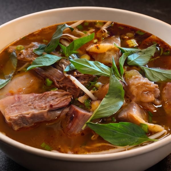 A close-up of a bowl of Vietnamese Bun Bo Hue soup with beef, pork, and basil.