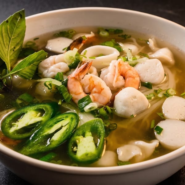 Close-up of a bowl of pho with shrimp, squid, fish balls, jalapeños, and basil.