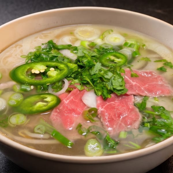 A bowl of pho with thinly sliced beef, noodles, green onions, cilantro, and jalapeños.